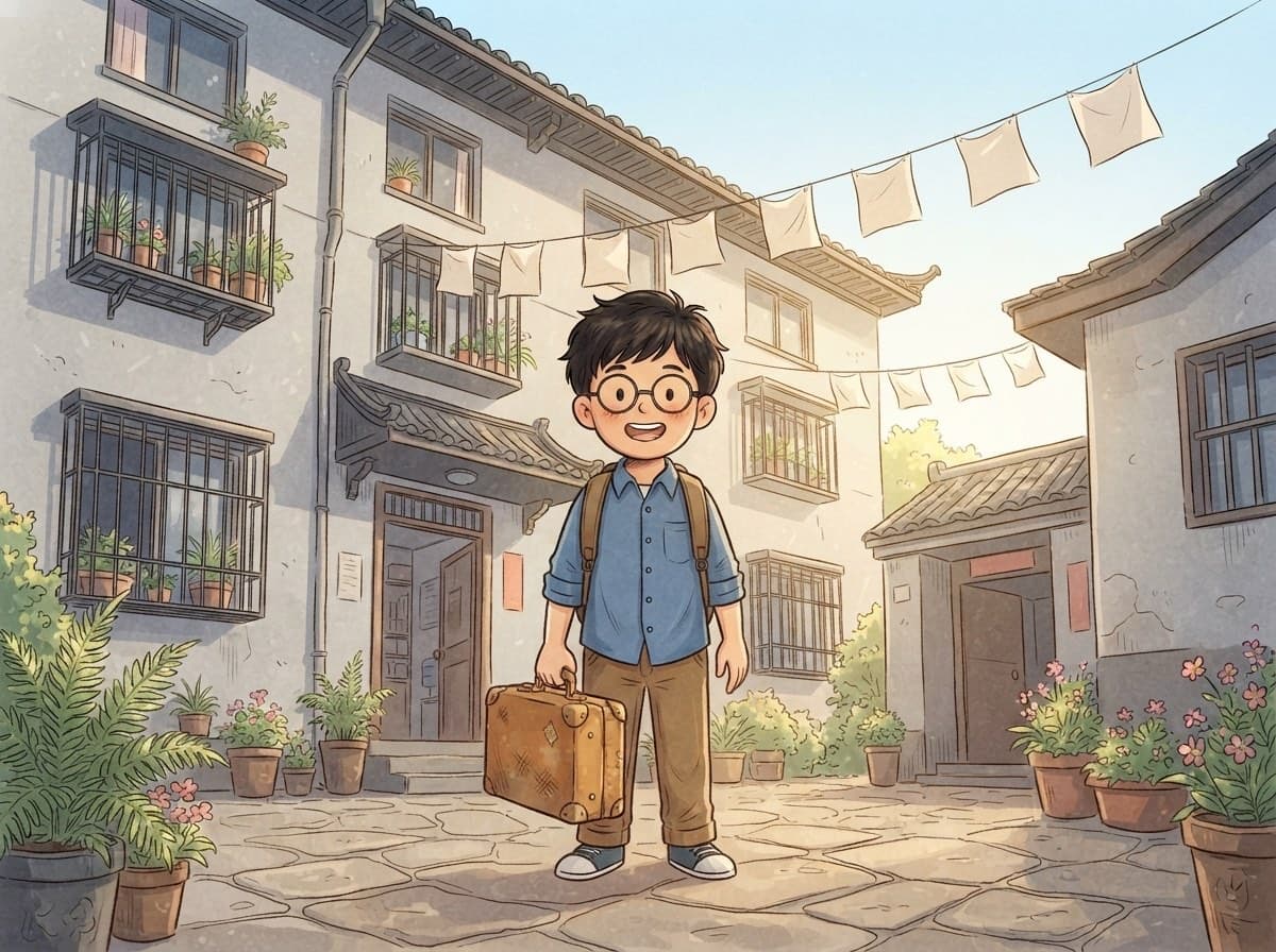 A boy arriving home down a lane of old houses, from the story My One Week